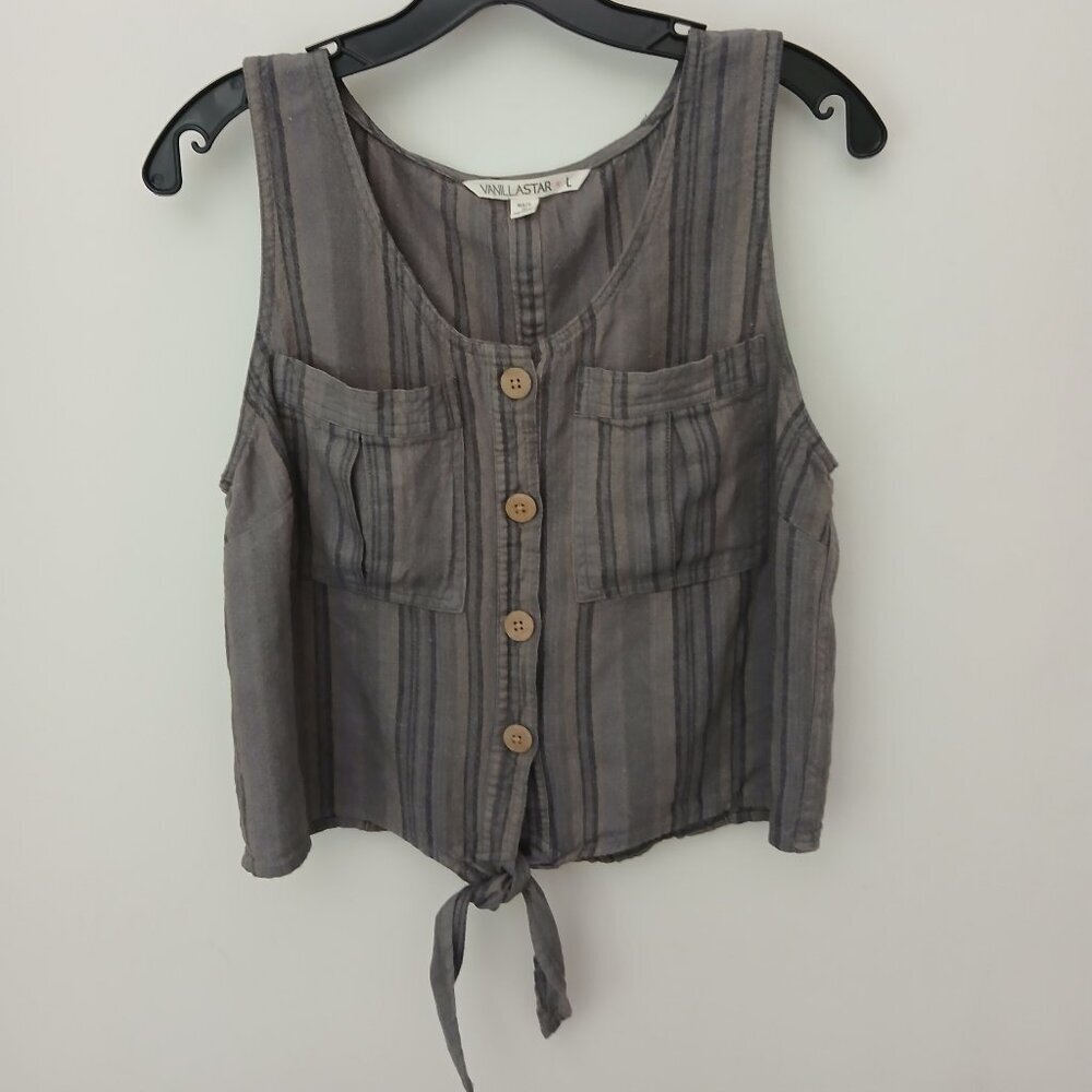Olive Green Striped Linen Blend Button Down Tie Front Midriff Top Sz L - Picture 9 of 9